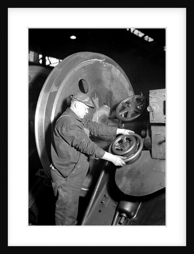 Eddystone, Pennsylvania - Railroad parts. Machinist machining wheel to fit driving pin on above wheels on newest type of locomotive, March 1937 by Lewis Hine