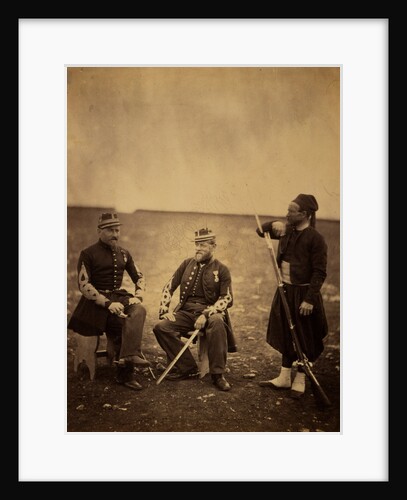 Two French officers, seated, and Zouave, standing with arm resting on rifle, Crimean War by Roger Fenton