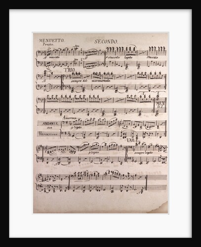Handwritten sheet music, menuetto presto, amoroso, andante by Anonymous