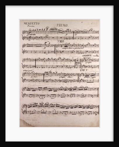 Handwritten sheet music, menuetto presto by Anonymous