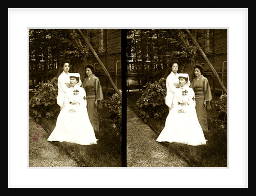 A western Red Cross female doctor(?) and two Japanese women posed in a garden by Anonymous