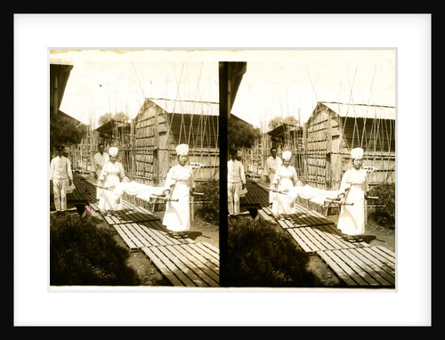 Japanese nurses carrying a patient on a stretcher by Anonymous