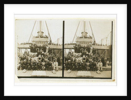 Sailors, probably American, and some civilians posed on a cruiser berthed in New York(?) by Anonymous