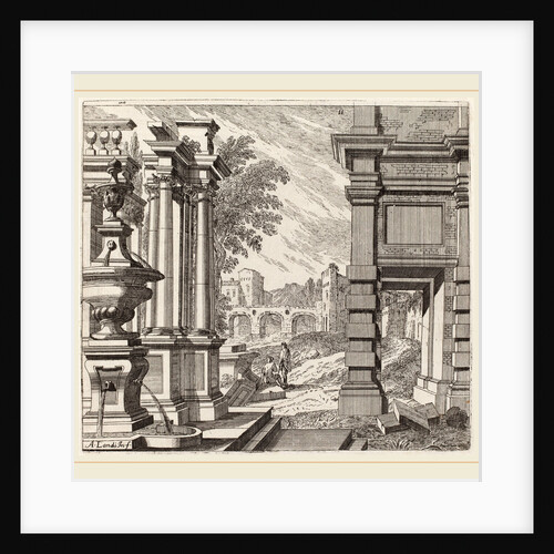 Architectural Fantasy with a Fountain, Classical Ruins, and a Bridge, before 1753 by Giuseppe Antonio Landi