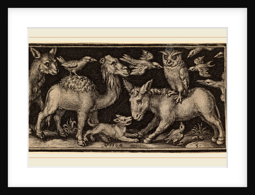 Owl on Back of Donkey, Bird on Back of Camel with Other Animals by Nicolaes de Bruyn