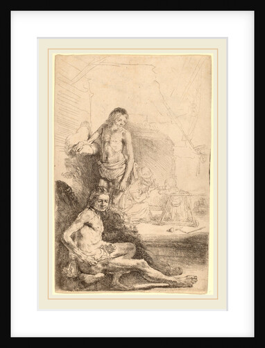 Nude Man Seated and Nude Man Standing, with a Woman and Baby in the Background, c. 1646 by Rembrandt van Rijn