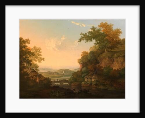 A River Scene with Thatched Huts by a Bridge over a Weir by James Lambert of Lewes