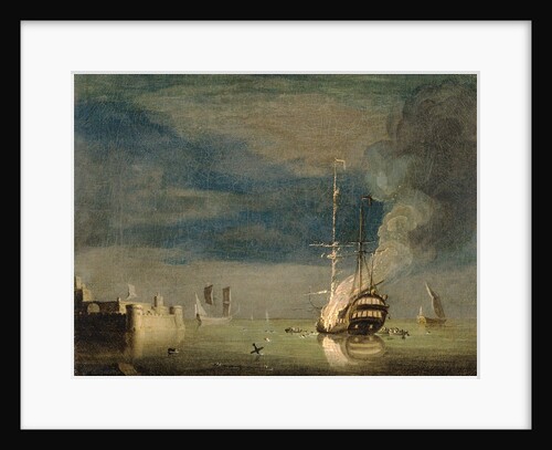 A Two-Decker on Fire at Night off a Fort by Charles Brooking