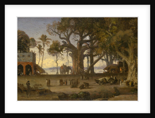 Moonlit Scene of Indian Figures and Elephants among Banyan Trees by Auguste Borget