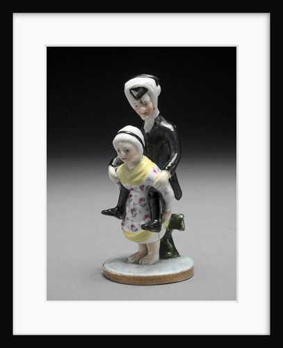 Ceramic Dr. Syntax: his head bound with a rag, riding on the back of a woman by Anonymous