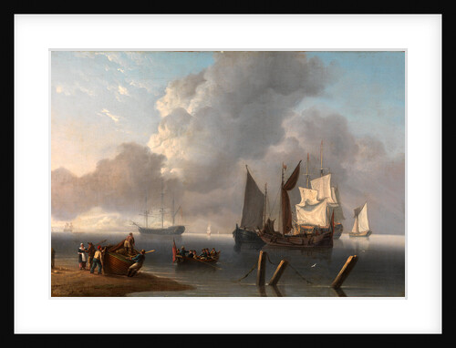 Warships Lying Offshore, the Commanding Admiral Being Rowed out to Join the Flagship, Her Sails Illuminated by a Break in the Clouds by Charles Martin Powell