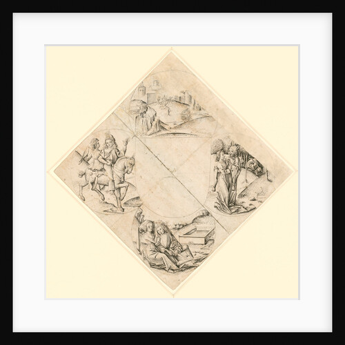 Design for a Quatrefoil with a Castle, Two Lovers, a Maiden Tempted by a Fool, a Couple Seated by a Trough, and a Knight and His Lover Mounted on a Horse by Anonymous