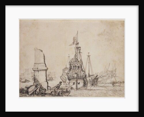 A ship in a port near a ruined obelisk by Pierre Puget