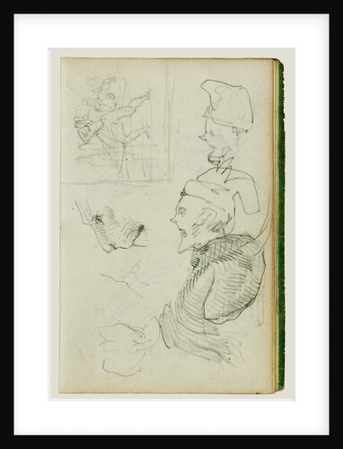 Studies of lion, compositional group figure study, two caricature head studies by Théodore Géricault