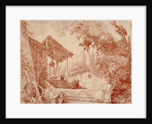 Farmyard with Two Figures by a Well and a Large Wheelbarrow in the Foreground by Hubert Robert