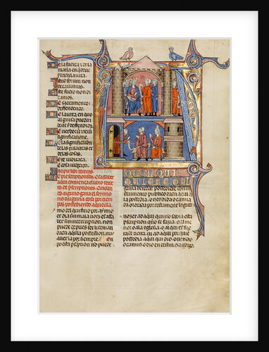 Initial A: Two Men before a King and A Man Speaking to a Family by Anonymous