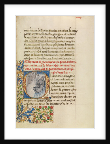 Initial Q: The Ship of Bishop Theophilus with the Reliquary Shrine before the City of Sousa by Master of the Brussels Romuléon