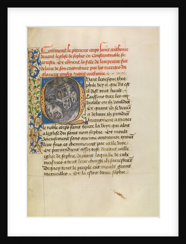 Initial Q: The Reliquary Shrine of Saint Anthony Arriving at the Church in Constantinople and The Healing of the Emperor's Daughter by Master of the Brussels Romuléon