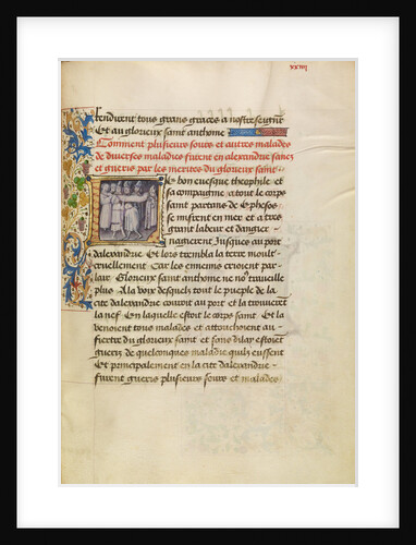 Initial L: The Sick in Alexandria Are Healed after Touching the Body of Saint Anthony by Master of the Brussels Romuléon
