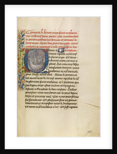 Initial Q: Saint Anthony Reassuring Bishop Theophilus and His Companions During a Great Storm by Master of the Brussels Romuléon