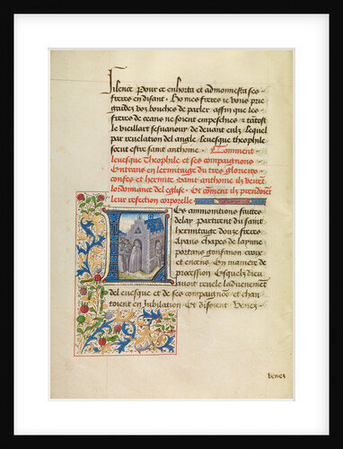 Initial L: Saint Anthony Appearing to Bishop Theophilus and Leading Him to His Hermitage by Master of the Brussels Romuléon