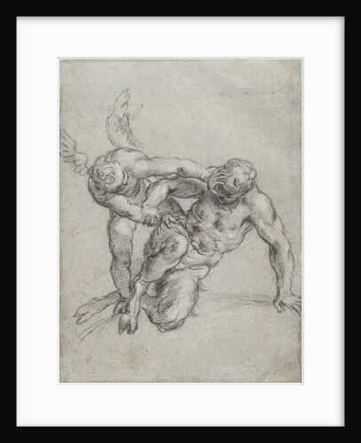 Cupid Overpowering Pan (recto), Head of a Monk, Caricature of a Man in Profile (verso) by Agostino Carracci
