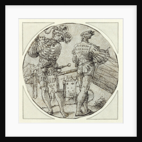 A Flutist and Drummer Before a Moated Castle by Master of the Berlin Roundels