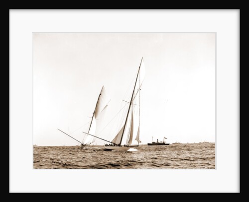 Columbia crossing the line, Shamrock I astern, Columbia (Sloop), Shamrock I (Yacht) by Anonymous