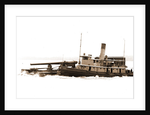 Tugboat with barge carrying cannon, Tugboats by Anonymous