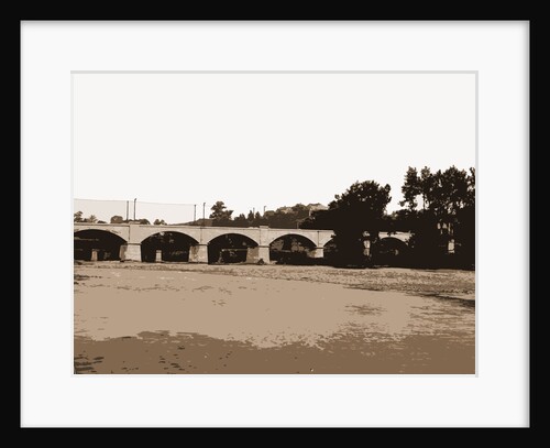 Railroad bridge and arched bridge over river, Bridges by Anonymous