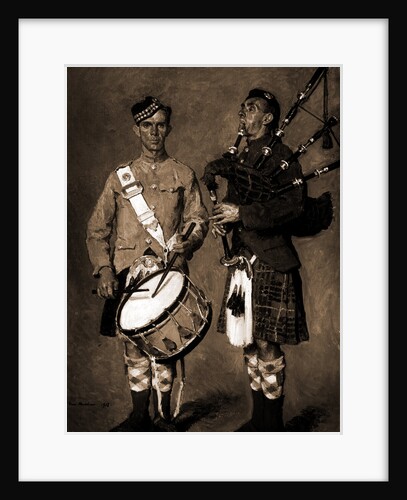Drummer and bagpipe player in Scottish uniform, Melchers by Anonymous