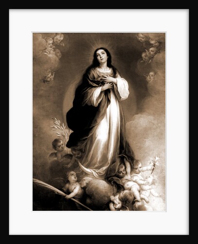 Saint, possibly Virgin Mary, standing on cloud surrounded by cherubs by Anonymous
