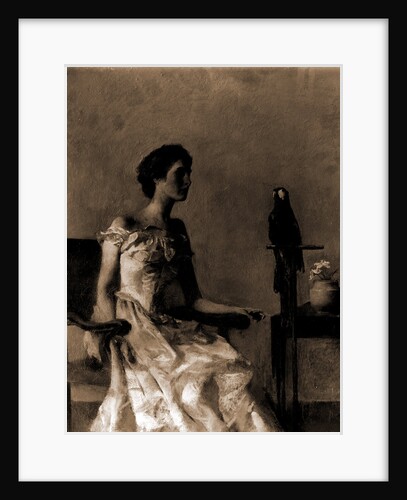 Lady sitting on chair next to parrot by Thomas Wilmer Dewing