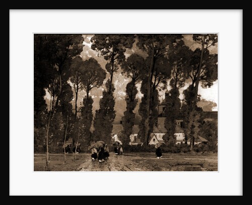 Women with umbrellas walking and trees in background by Sir Alfred East