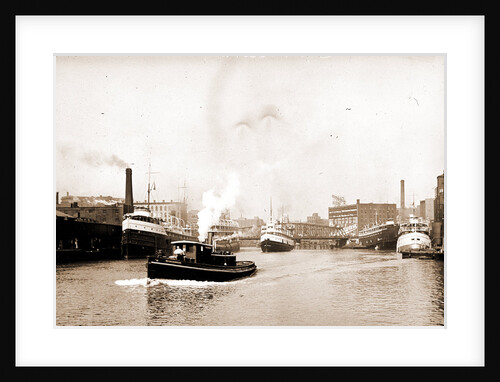 Chicago River scene with steamboat and industrial waterfront by Anonymous