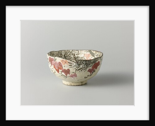Tea bowl with a backdrop of pine, maple leaves and snow by Anonymous