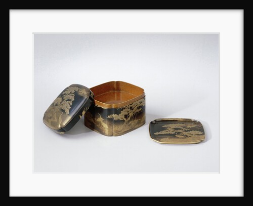 Stack Box, black lacquer and cranes and turtle in gold makie by Anonymous