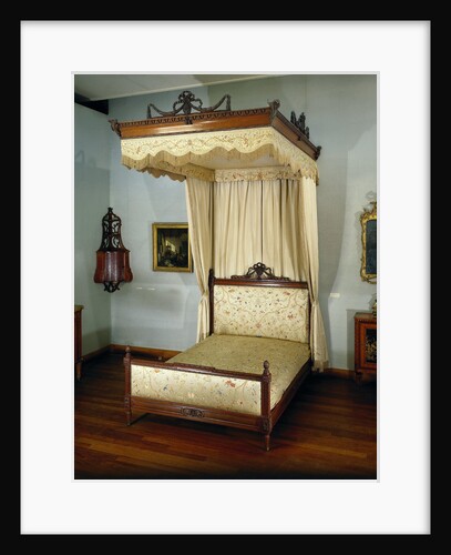 Bed of oak, with sky and loose curtains by Anonymous