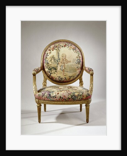 Armchair upholstered with tapestry with a boy with birds and a fox with a pheasant by Anonymous