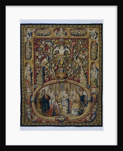 Christ and the woman taken in adultery, in a cartouche and a grotesque decor by Anonymous