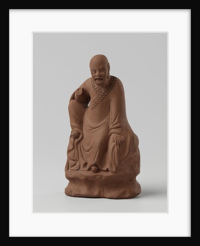 Man figure with raised right leg on rocky pedestal. Red stoneware. by Anonymous