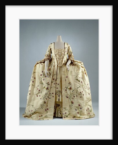 Lemon yellow gown rips silk embroidered with silk vines and purple flowers by Anonymous