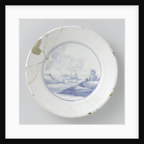 Plate with the flat face in blue river with ships by Anonymous