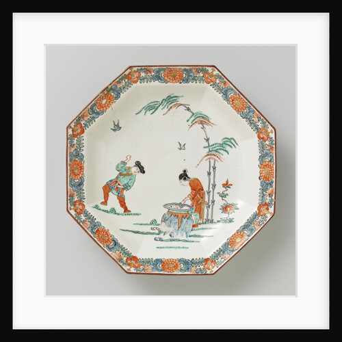 Dish, octagonal, with polychrome decoration with man, child cooking pot, wife and two bamboo stems and garlands along the edge by Anonymous