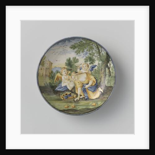 Saucer, painted with flower sitting on her knees picking woman. by Anonymous
