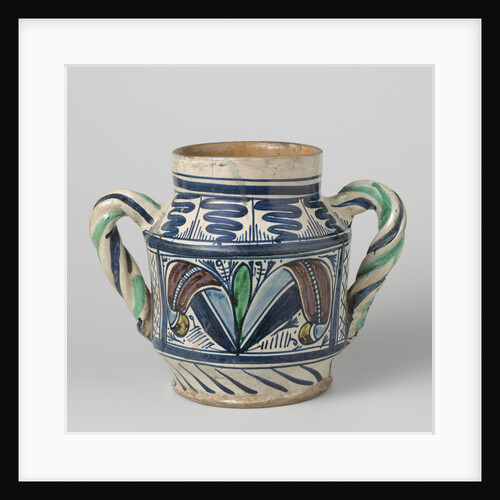Pot, cylindrical, multicolor painted on both sides of the belly a box with a stylized flower or plant by Anonymous
