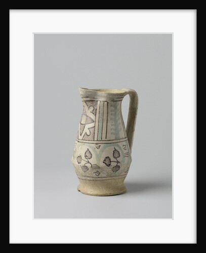 Can constricted base and with pinched spout. Multicolored painted with leafy branches and star-shaped ornament under the spout by Anonymous