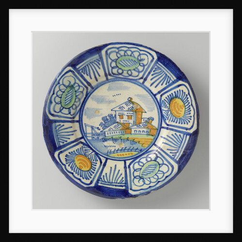 Plate, polychrome-painted the flat landscape with houses and a drawbridge; edge with five courses a stylized flower. by Anonymous