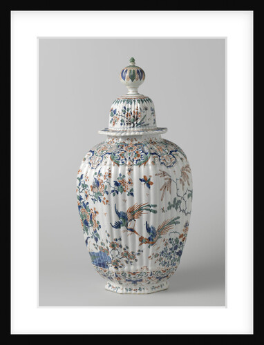 Octagonal ribbed vase with lid multicolored painted faience by Anonymous
