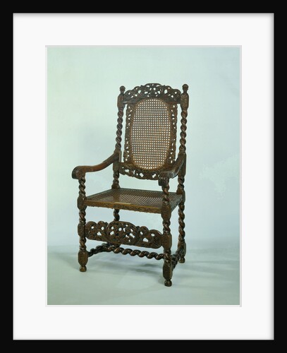 Armchair which swung back posts are topped by twisted vases by Anonymous